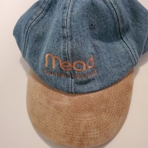 MEAD Containerboard, Denim and Suede baseball cape, ADJUSTABLE.  Blue and Tan.